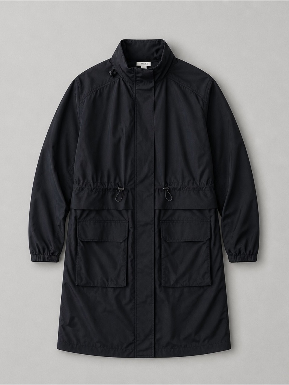 Zella‎ Black Water-Repellent Hooded Rain Jacket Cinch Waist Longline Coat